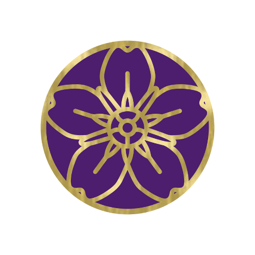 A gold outline of a flower on a purple background.