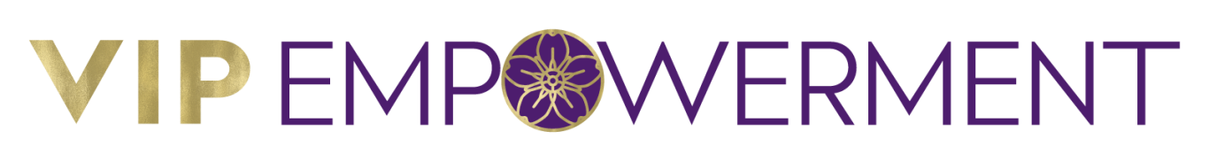 Text logo featuring "VIP" in gold and "EMPOWERMENT" in purple with a decorative element.