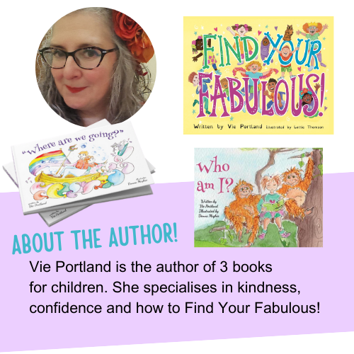 A woman with glasses beside children's book covers titled "Find Your Fabulous!" and "Who Am I?".