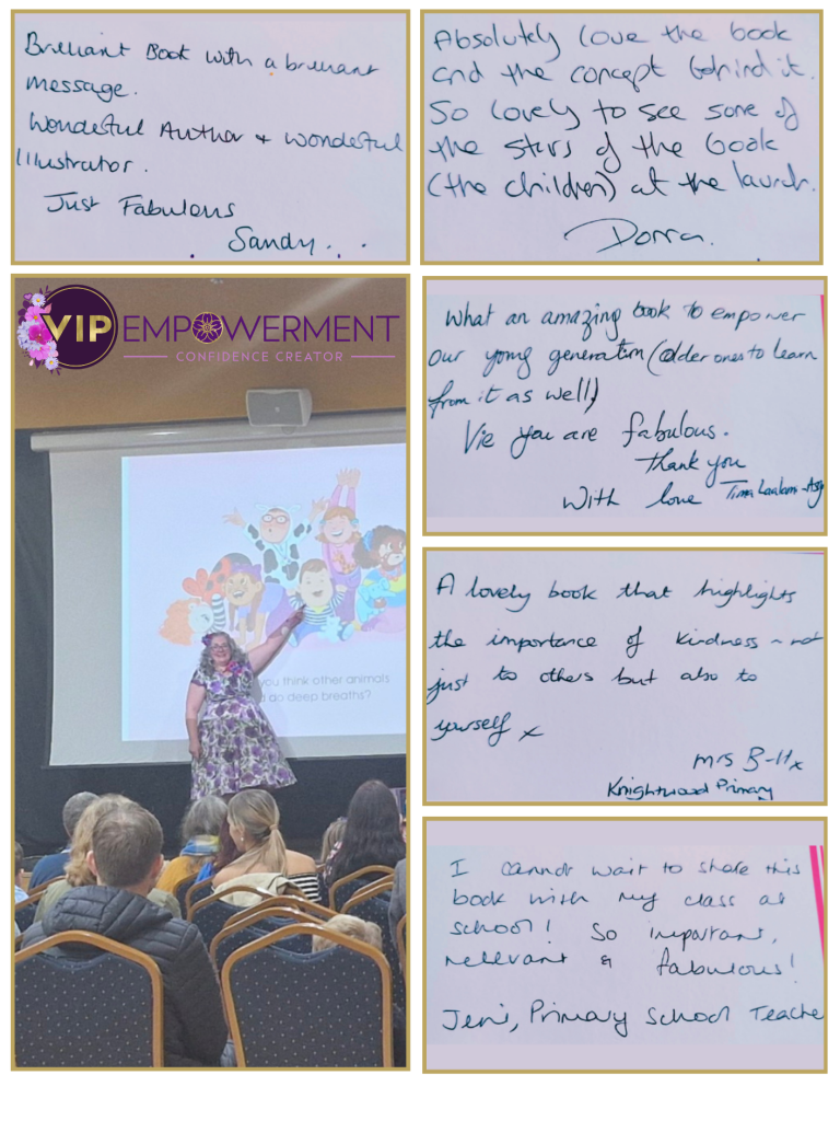 A person presenting on stage with handwritten notes and a colourful illustration behind.