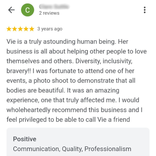 Review praising Vie's business for promoting diversity and inclusivity, highlighting impactful experiences.
